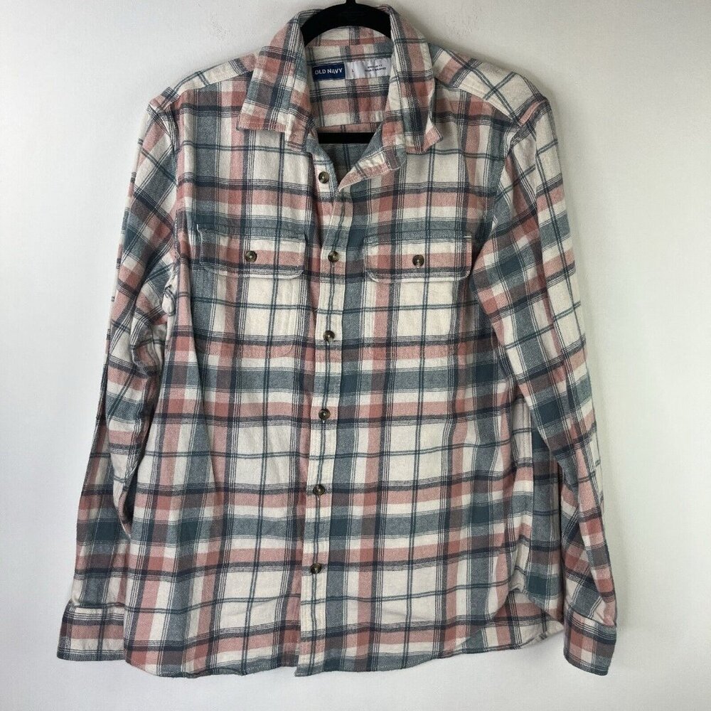 Old Navy Shirt Women XL Long Sleeve Fleece Pink Blue Plaid Regular Fit